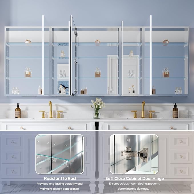 96" x 36" Bathroom Medicine Cabinet with Mirror, Anodized Chrome Aluminum Frame, Surface Mount or Recessed Medicine Cabinet with Mirror, Bathroom Mirror with Storage, Five Doors