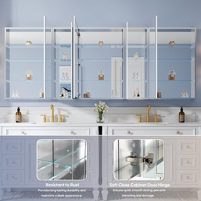 96" x 36" Bathroom Medicine Cabinet with Mirror, Anodized Chrome Aluminum Frame, Surface Mount or Recessed Medicine Cabinet with Mirror, Bathroom Mirror with Storage, Five Doors