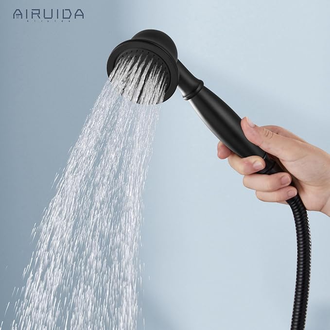 Airuida Exposed Shower System, 8 Inch Rainfall Shower Head with Handheld Spray, Single Handle Wall Mount Shower Faucet Set, Solid Brass Dual Function Exposed Pipe Fixture for Bathroom,Matte Black