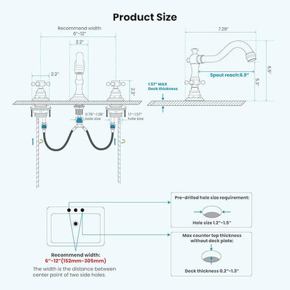 gotonovo 3 Hole Widespread Bathroom Sink Faucet Double Cross Handle Mixer Tap Faucet for Bathroom Sink Vanity Faucet Deck Mount Basin Hot Cold Water Matching Pop Up Drain Polished Gold