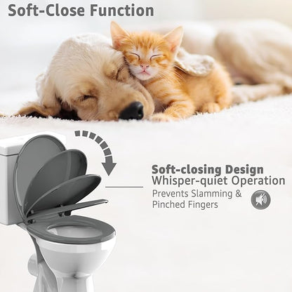 Round Toilet Seat 16.5 inch Soft Close, Toilet Lid Round PP Material Safe & Easy Clean & Quick Installation, Sturdy Accessories Never Loosen, 2 Years Support, Grey