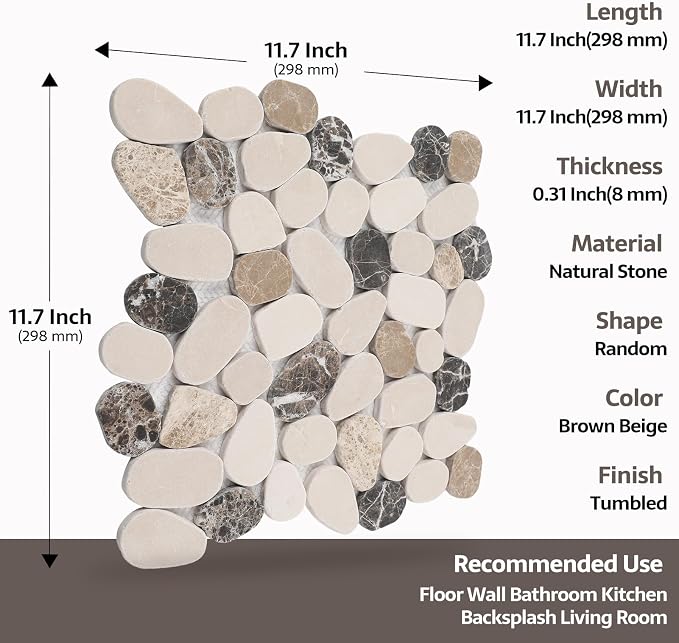 Pebble Tile, Brown Beige Sliced Pebble Stone Tiles for Shower Kitchen Backsplash Bathroom Wall and Floor, 4 Sheets