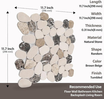 Pebble Tile, Brown Beige Sliced Pebble Stone Tiles for Shower Kitchen Backsplash Bathroom Wall and Floor, 4 Sheets
