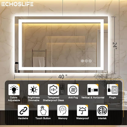 EchosLife 40"x24" LED Bathroom Mirror | Backlit + Front Lit, Anti-Fog, Stepless Dimmable, 3 Colors, Memory, Tempered Glass, UL Listed, Horizontal/Vertical