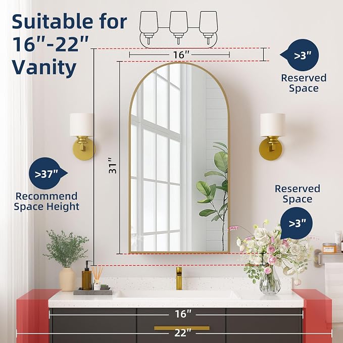 Medicine Cabinets for Bathroom, Brush Gold Arched Medicine Cabinet Recessed or Surface Wall-Mounted,Modern Bathroom Vanity Mirror with Storage, Mirrored Cabinet with Adjustable Shelves,16x31 Inch