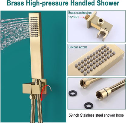 HOMEDEC LED Full Body Rain Shower System with 6pcs Body Jets Spray with（Up/Down ）Shower Spout, Large 3 In 1 Functions 14x20inch Showerhead, Rainfall Mist Shower Faucet Set Complete, Brushed Gold