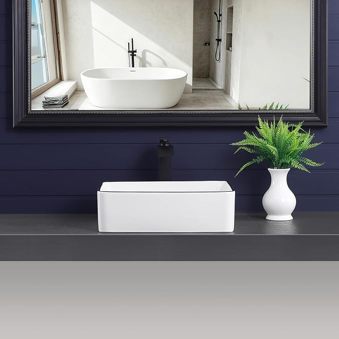 19"x15" Vessel Sink Bathroom Sink Rectangular Modern White with Black Trim Porcelain Ceramic Above Counter Vanity Sink for Bathrooms Art Basin