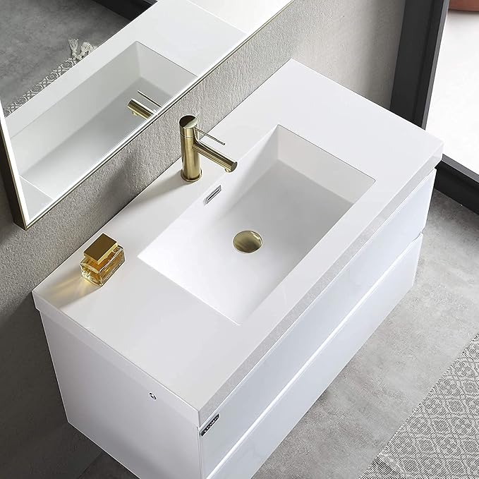 Blossom LED Lighted 36 inch Bathroom Vanity with Sink | Wall Mounted Floating Bathroom Vanity with Dimmable LED Lights | Modern Floating Design for Bathrooms | 36" w/Acrylic Sink, Calacatta White