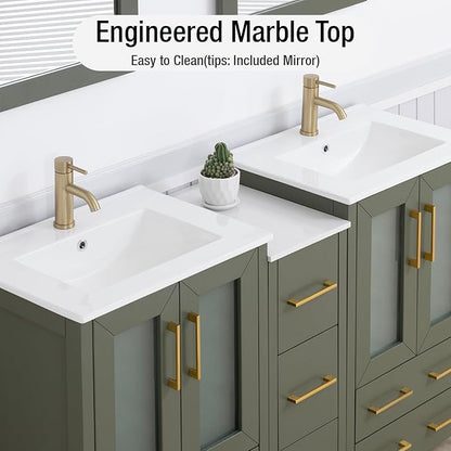 HOMEBEYOND 60 Inch Modern Bathroom Vanity with Sink & Mirror, Double Sink Vanity Cabinet with Basin and Mirror, Dove-Tailed Drawers, Soft-Closing Doors, Wood, Vintage Green