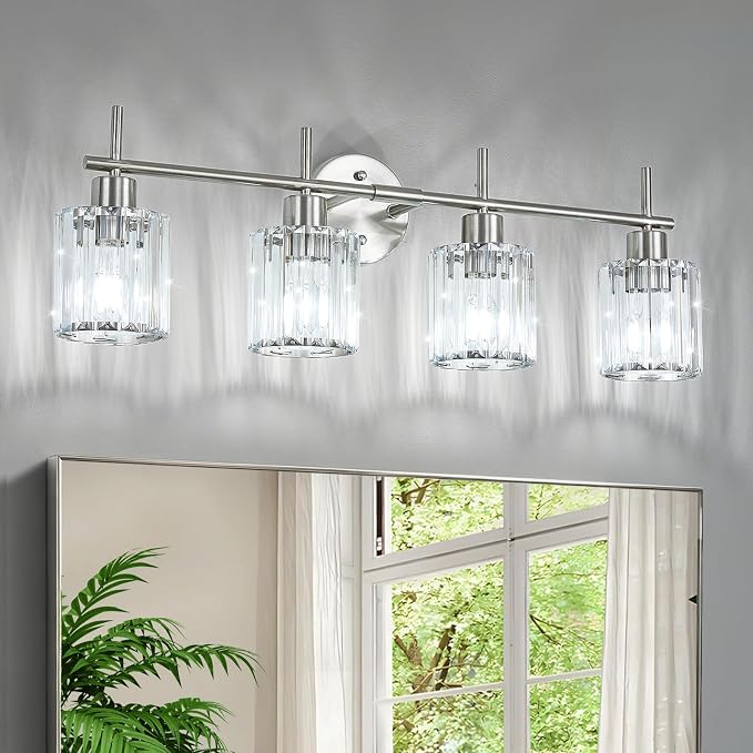 Brushed Nickel Bathroom Light Fixtures, Round, 4-Light | Vanity Lights with Crystal Shades, Modern Bathroom Lighting Fixtures over Mirror (Bulbs Not Included, E26)