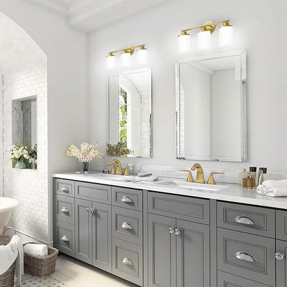 Brushed Gold Bathroom Light Fixtures, 3-Light Gold Vanity Lights with Frosted Glass Shades, Mid-Century Modern Wall Sconces for Living Room