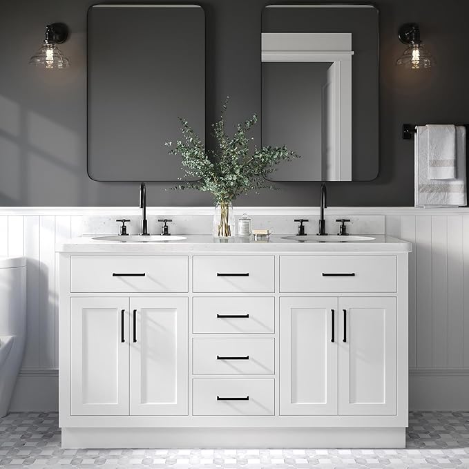 ARIEL Hepburn 60-inch Bathroom Vanity with Sink,Solid Wood, 1.5-inch Carrara White Quartz Countertop & Backsplash, Double Oval Porcelain Sink, 4 Soft Closing Doors, 6 Dovetail Drawers, White