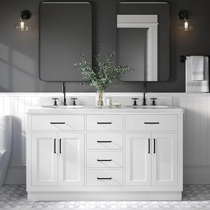 ARIEL Hepburn 60-inch Bathroom Vanity with Sink,Solid Wood, 1.5-inch Carrara White Quartz Countertop & Backsplash, Double Oval Porcelain Sink, 4 Soft Closing Doors, 6 Dovetail Drawers, White