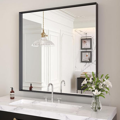 LOAAO Black Bathroom Mirror 30"X30" | Tempered Glass, Hangs Vertically or Horizontally, Easy to Install, Modern Design