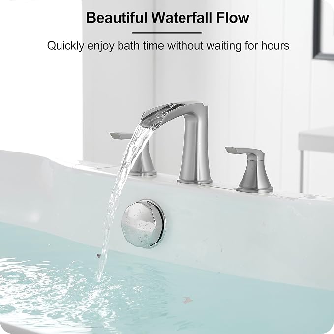 3 Hole Roman Tub Faucet Waterfall Brass Brushed Nickel Bathtub Faucet Set, High Flow 6-16 Inch Deck Mount Faucet for Bathtub, 2 Handle Bath Tub Faucets with Supply Water Hoses for Classic