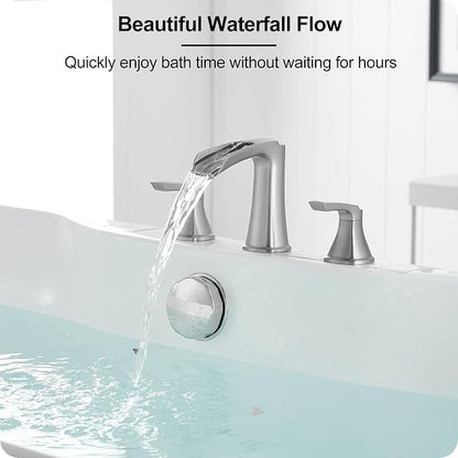 3 Hole Roman Tub Faucet Waterfall Brass Brushed Nickel Bathtub Faucet Set, High Flow 6-16 Inch Deck Mount Faucet for Bathtub, 2 Handle Bath Tub Faucets with Supply Water Hoses for Classic
