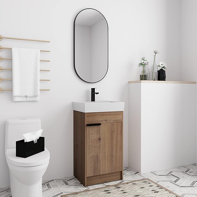Malwee 18 Inch Bathroom Vanity with Sink, 18" Mordern Freestanding Bathroom Vanity, Floor Stand Single Sink Bath Vanity Combo, Brown Bathroom Cabinet Set with Soft Closing Door (MW01618IMO)