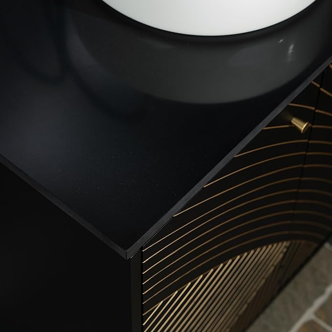 Woodbridge 60"X22" Bathroom Vanity with Double Ceramic Round Vessel Sinks,Black Engineered Stone Vanity Top– Hand-Painted Black & Gold Accents, Sleek Thin-Leg Frame, Space-Saving for Modern Living