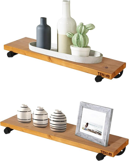 TEN49 Real Wood Rustic Floating Shelves Wall - 24 Wide Small Wooden Industrial Pipe Shelving - Farmhouse Pipe Wall Shelves Furniture Bathroom Decor Art Shelf Kitchen - Light Walnut Color - Set of 2