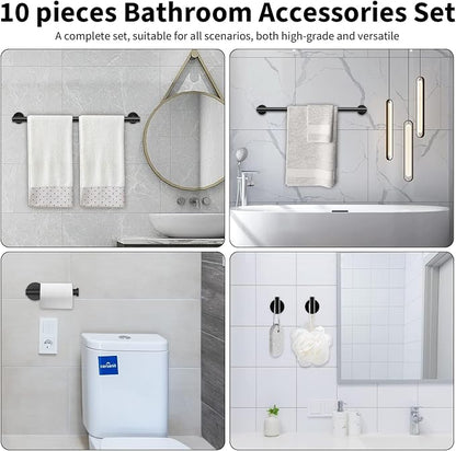 Newfun 10-Pieces Matte Black Bathroom Hardware Set 24 Inch | Includes 24 Inch Towel Racks for Bathroom Wall Mounted, Toilet Paper Holder, Towel Hooks, Towel Rings for Bathroom Wall