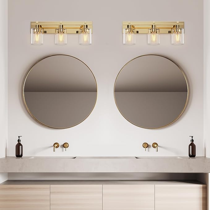 3-Light 21inch Brushed Gold Vanity Light, Thickened Clear Glass | Over Mirror for Bathroom, Rust Resistant, E26 Base, Easy Install, Removable Glass Shade Horizontal Mount, Dimmable