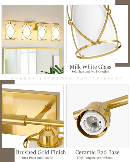 4-Light Brushed Gold Bathroom Light Fixtures with Milk Frosted Glass, 29" Modern Bathroom Vanity Lighting Fixtures Over Mirror with Metal Cage, Wall Sconce Lights for Bath, E26, CH9176BGW-4W