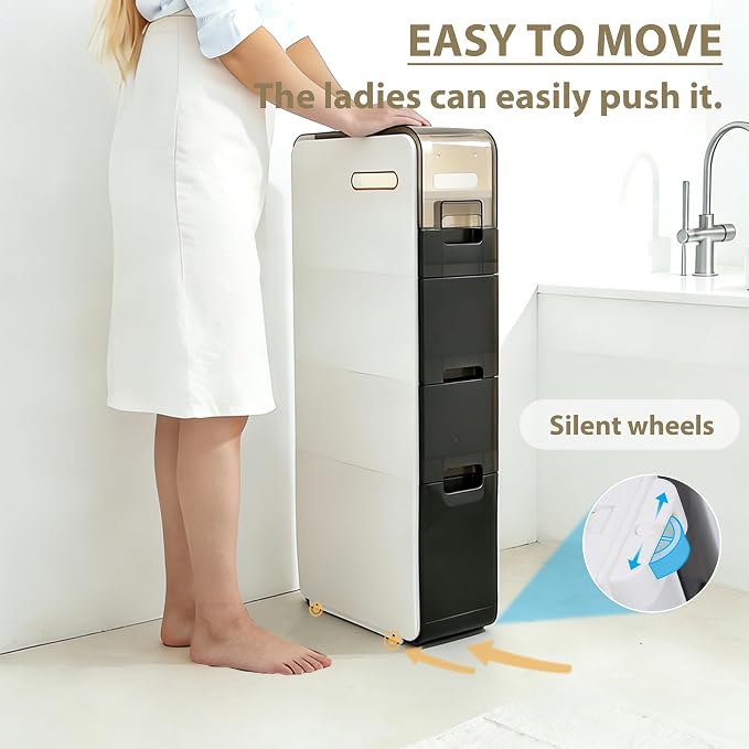 BGYMF 4-Tier Slim Bathroom Storage Cabinet,Narrow Rolling Storage Cart | Ultra Thin Slim Cabinet for Bathroom,No installation required,White Plastic Organizer for Small Spaces, Bathroom, Corner