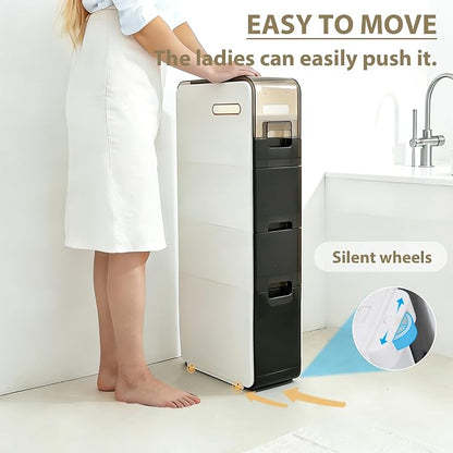 BGYMF 4-Tier Slim Bathroom Storage Cabinet,Narrow Rolling Storage Cart | Ultra Thin Slim Cabinet for Bathroom,No installation required,White Plastic Organizer for Small Spaces, Bathroom, Corner