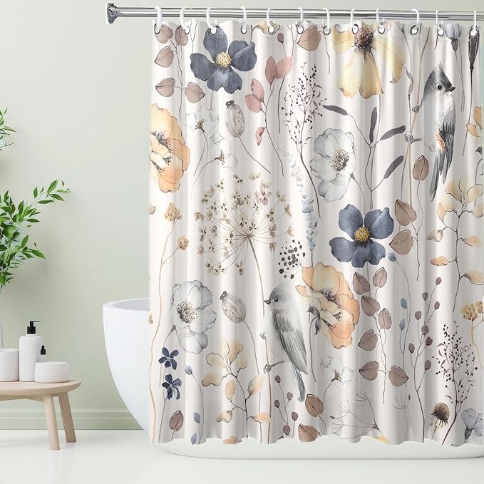 Flower Floral Shower Curtain, Watercolor Wildflower with Botanical and Birds Fabric Shower Curtains Set, Boho Plants Shower Curtains with Hooks, Minimalist Bthroom Decor 72x72inch