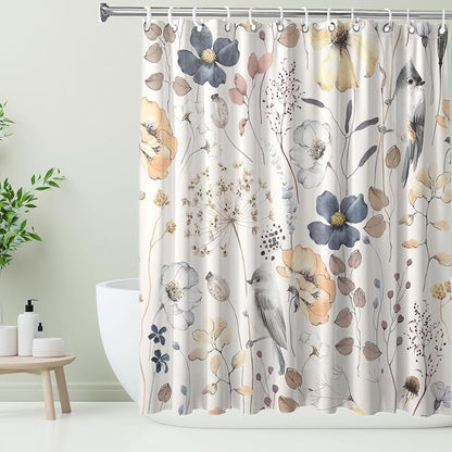 Flower Floral Shower Curtain, Watercolor Wildflower with Botanical and Birds Fabric Shower Curtains Set, Boho Plants Shower Curtains with Hooks, Minimalist Bthroom Decor 72x72inch