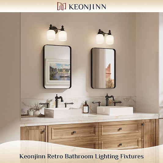 Keonjinn 2-Light Bathroom Light Fixtures, Black Vintage Vanity Lights for Mirror with Frosted Glass Shades, UL Listed E26 Base(Bulbs Not Included), Reversible Vanity Lighting Fixtures for Bathroom