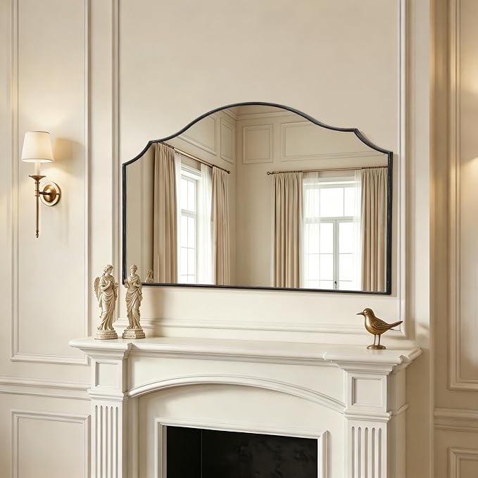 Besdomus Black Scalloped Wall Mirror: 54"x34" Oversized Wood Arched Mirror | Classical Minimalist Decorative Mirror for Fireplace/Bathroom/Bedroom/Entryway/Living Room/Dining Room/Dresser/Over Sink