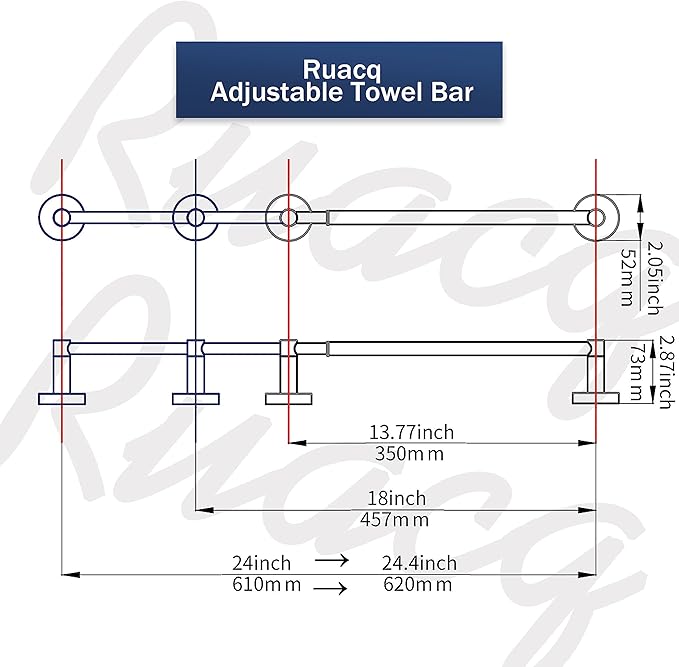Ruacq Adjustable Towel Bar 13.7 to 24 Inch Bathroom Single Towel Bar Black Stainless Steel Modern Wall Mounted Round Towel Holders, Matte Black