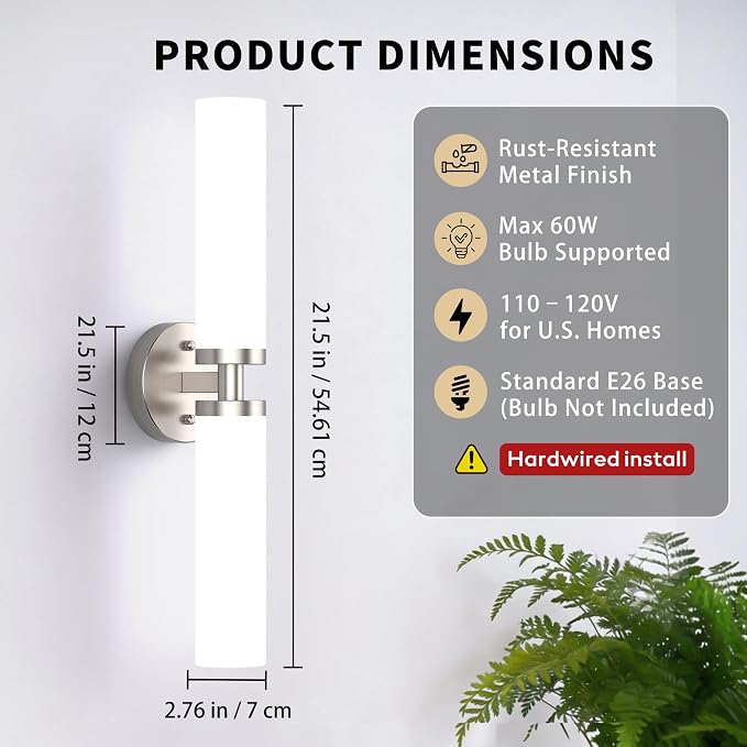 Wall Sconces Set of 2 Hardwired Bathroom Light Fixtures E26 Base | Brushed Nickel, 22Inch, Modern Vanity Wall Lighting with Milky White Glass Shade, for Mirror Hallway Bedroom Living Room