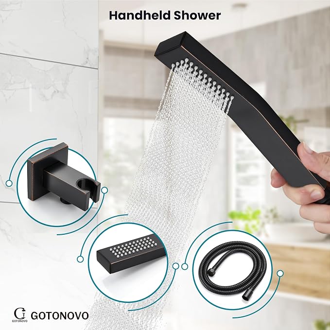 gotonovo Bathtub Shower Faucet Set, 8 Inch Shower Head, Oil Rubbed Bronze | Wall Mounted Shower System with Tub Spout for Bathroom, Square High Pressure Rain Shower head with Handheld Spray, All Metal