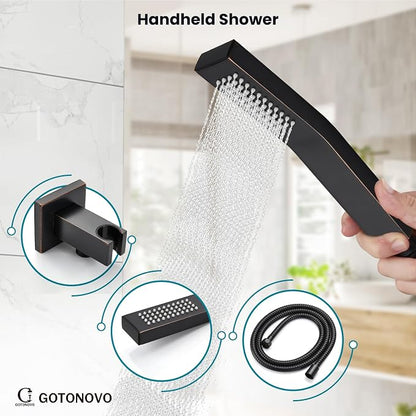 gotonovo Bathtub Shower Faucet Set, 8 Inch Shower Head, Oil Rubbed Bronze | Wall Mounted Shower System with Tub Spout for Bathroom, Square High Pressure Rain Shower head with Handheld Spray, All Metal