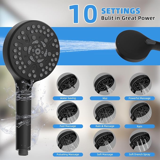 8" Metal Rainfall Shower Head with 10-Mode Handheld, Matte Black | NSF/ANSI/CAN 372 Certified, High Pressure Showerhead Combo with 11" Adjustable Shower Arm, 71" Hose, Shower Head Holder