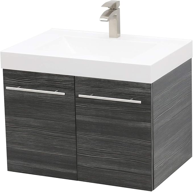 Wall Mount Floating Bathroom Vanity Sink Set. Dark Grey Vanity, White Integrated Sink Countertop - 29.25"