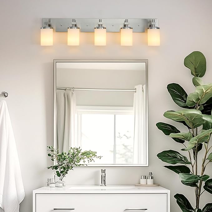 LOUSACE Bathroom Lighting Fixtures Over Mirror Brushed Nickel 5 Light Bathroom Vanity Lights with Opal White Glass Shades, Modern Vanity Wall Sconces Fixture for Bedroom Living Room