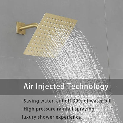 Brushed Gold Shower System with High Pressure 8'' Rainfall Shower Head, Handheld Shower head, Bathroom Luxury Rain Mixer Shower Combo Set Wall Mounted Shower Faucet Rough-in Valve and Trim Kit