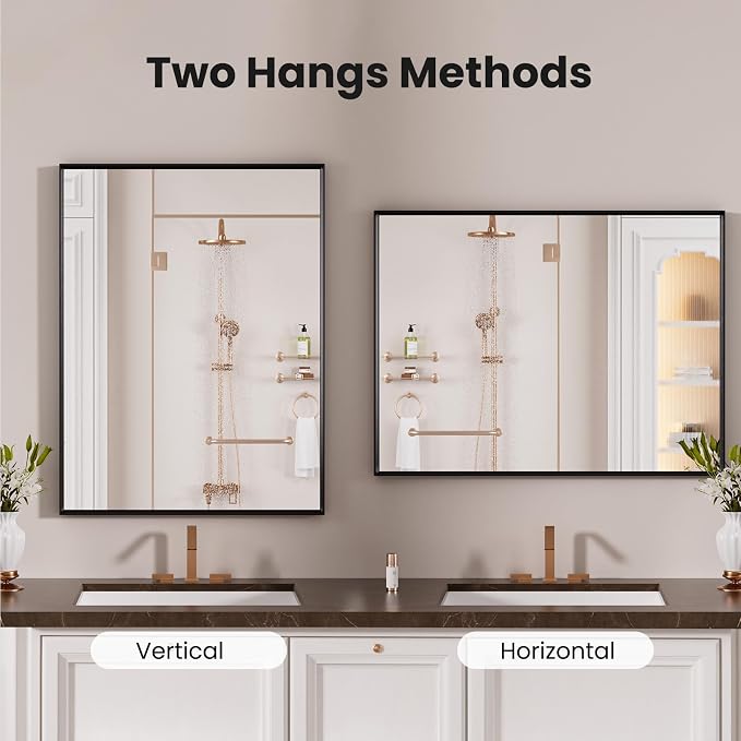 LOAAO Black Bathroom Mirror 22"X30" Rectangle Vanity Mirror | Tempered Glass, Hangs Vertically or Horizontally, Easy to Install, Wall Mounted, Modern Design