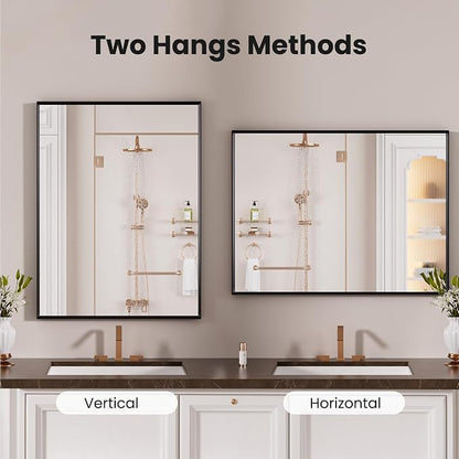 LOAAO Black Bathroom Mirror 22"X30" Rectangle Vanity Mirror | Tempered Glass, Hangs Vertically or Horizontally, Easy to Install, Wall Mounted, Modern Design
