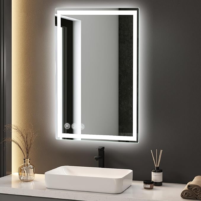 24" x 36" LED Bathroom Mirror with Lights, Memory Vanity Mirror | Anti-Fog, 3 Color Modes, Dimmable, Front Lit, Memory Function, Tempered Glass, Lighted Bathroom Mirror for Wall