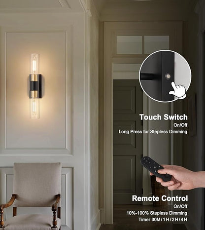 Battery Operated Wall Sconce Set of 2 with Remote Control, 12000mAh Rechargeable Wall Lights, Wireless Dimmable Wall Lamps for Bedroom Living Room Bathroom Hallway Entryway Stairwell, Black & Gold