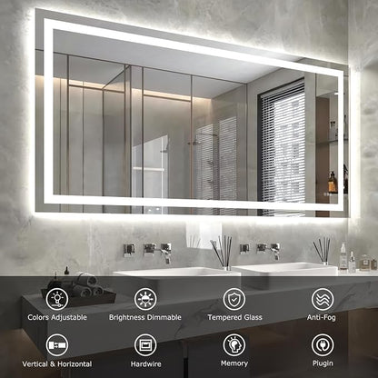 Hivone 72"X36" LED Bathroom Mirror with Lights, Anti-Fog, Dimmable, Backlit + Front Lit, Smart Bathroom Vanity Mirror, Memory Function, Shatterproof, Tempered Glass (Horizontal/Vertical)