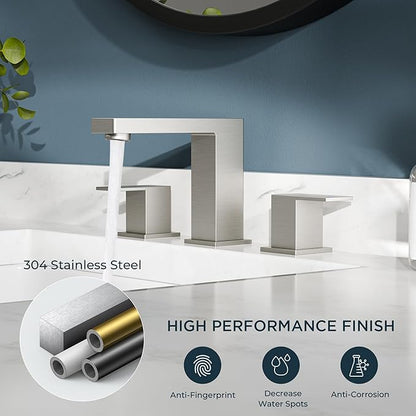 FORIOUS Brushed Nickel Bathroom Faucet 3 Hole, 8 Inch Widespread Square Bathroom Sink Faucet with Metal Pop-Up Drain and cUPC Supply Lines Included for Restroom, Lavatory, Basin, Restroom and Mall