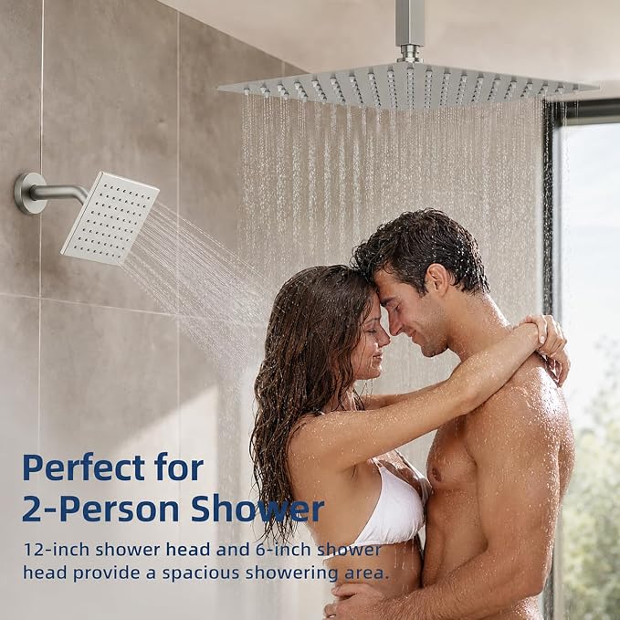 Thermostatic Dual Shower Head System, Brushed Nickel Shower Faucet | 12 Inch Ceiling Rainfall Shower, 6 Inch Wall Mount Head, High Pressure Handheld Sprayer, Push Button Valve