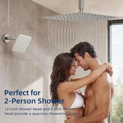 Thermostatic Dual Shower Head System, Brushed Nickel Shower Faucet | 12 Inch Ceiling Rainfall Shower, 6 Inch Wall Mount Head, High Pressure Handheld Sprayer, Push Button Valve