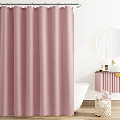 Pink Linen Shower Curtain, Country Boho Farmhouse Bath Decor Shower Curtains Neutral Cloth Weighted Textured Fabric Bath Curtain Liner with Hooks, 72x72