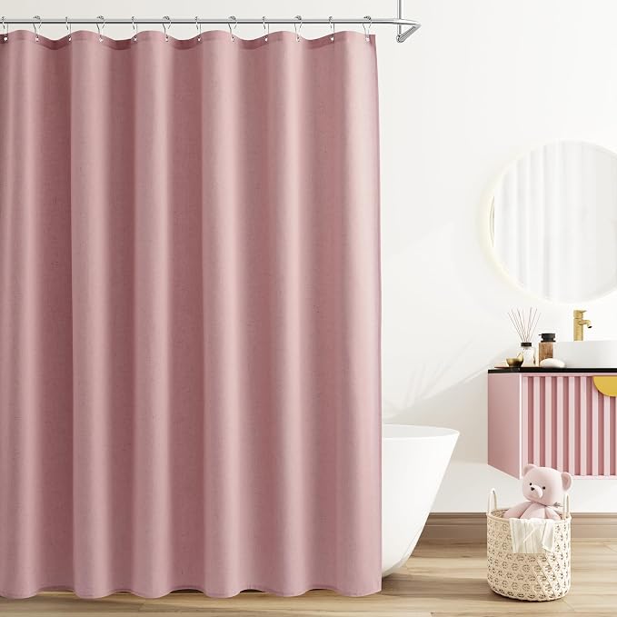 Pink Linen Shower Curtain, Country Boho Farmhouse Bath Decor Shower Curtains Neutral Cloth Weighted Textured Fabric Bath Curtain Liner with Hooks, 72x80